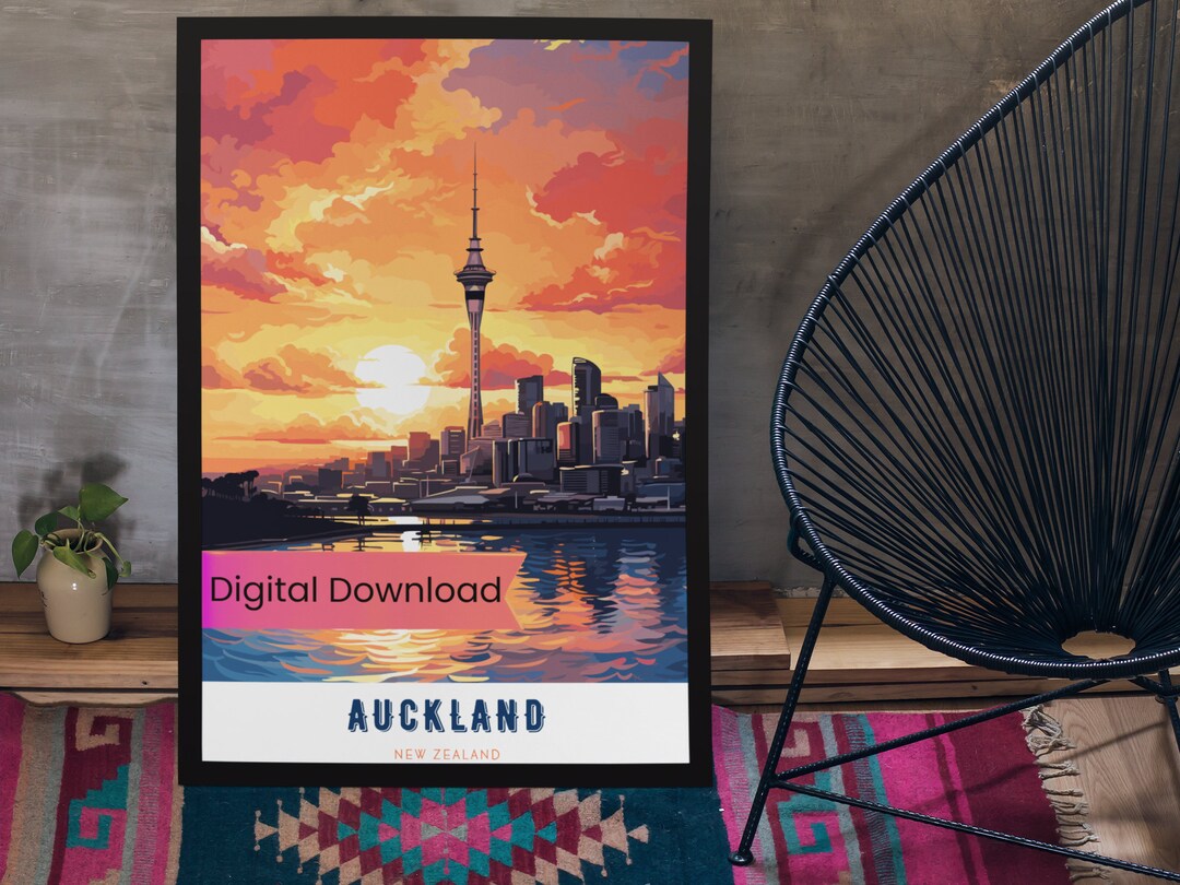 Auckland Sunset Poster Sky Tower View Wall Art Auckland Wall Etsy