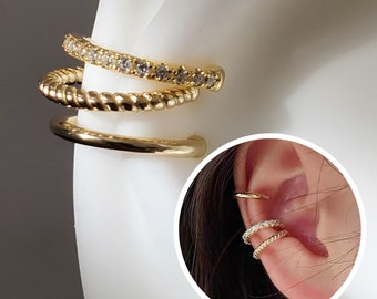 Juego de aretes de 3 piezas S925 - Ear Cuff con diamantes y cuerda de plata esterlina chapada en oro de 14 quilates