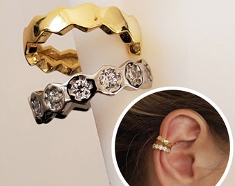 2 Pieces Earring Set - S925 Silver and 18K Gold Plated Sterling Silver Diamante Honeycomb Diamante Ear Cuff