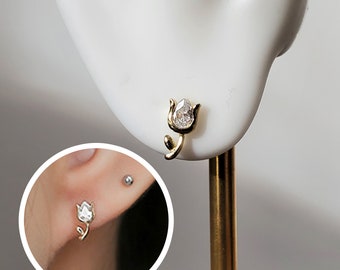 S925 Sterling Silver Small Flower Tulip Diamante Stud Earrings with 9K Gold Plated