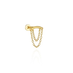 S925,18K Gold Plated Sterling Silver Dangle Pearl and Chain Labret Bar Stud Earring with Flat Back