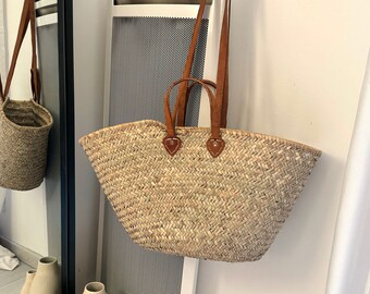 "Safi" basket in straw, doum and leather with double handles