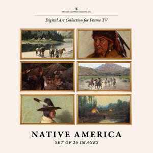 Puede incluir: Una colección de seis impresiones artísticas digitales enmarcadas con temas nativos americanos. La obra de arte incluye retratos, paisajes con figuras a caballo y escenas de la vida nativa americana. El texto dice "NATIVE AMERICA SET OF 26 IMAGES".