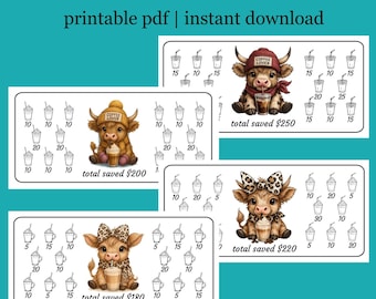 Download digitale del set di 4 sfide di risparmio Highland Cow Coffee