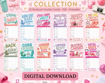 Puede incluir: Una colección digital de 12 tarjetas de seguimiento de ejercicios imprimibles titulada Femme Fit Fat Loss Collection. Cada tarjeta presenta temas de ejercicios específicos como HIIT, Core Crusher y Booty Blast con acentos e iconos en rosa, morado y turquesa.