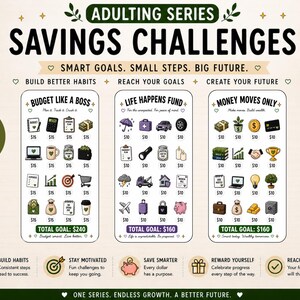 May include: A colourful graphic for a savings challenge, part of the Adulting Series. It features three columns: "Budget Like a Boss," "Life Happens Fund," and "Money Moves Only." Each column has illustrated icons representing savings goals, with text and amounts in pounds.