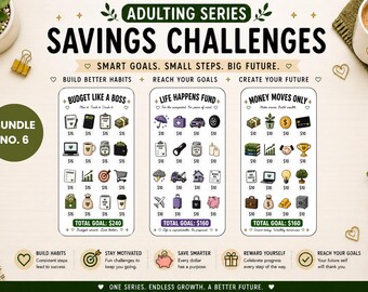 May include: A colorful graphic for a savings challenge, part of the Adulting Series. It features three columns: "Budget Like a Boss," "Life Happens Fund," and "Money Moves Only." Each column has illustrated icons representing savings goals, with text and dollar amounts.