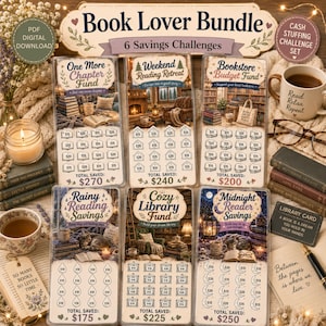 May include: A Book Lover Bundle featuring six savings challenge trackers with themes like One More Chapter Fund, Weekend Reading Retreat, Bookstore Budget Fund, Rainy Reading Savings, Cozy Library Fund, and Midnight Reader Savings, each with dollar amounts.