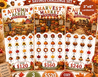 Fall Savings Challenge 3 Card Set | Laminated 3x6 Savings Challenge Cards | Autumn Harvest Savings Tracker | Pumpkin Budget Binder Insert