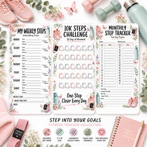 May include: Three white fitness tracker boards with floral accents. The first is a weekly walking tracker, the second a 10k steps challenge, and the third a monthly step tracker. Each features illustrations of trainers, water bottles, and fitness watches.