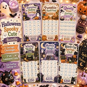 May include: A Halloween-themed bundle with six laminated cash stuffing challenge cards. The cards feature spooky designs with ghosts, pumpkins, and black cats. The bundle includes savings challenges, with totals ranging from £120 to £200.