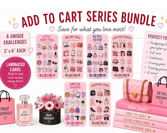 Op de afbeelding: Een roze en witte afbeelding met de tekst "ADD TO CART SERIES BUNDLE" en zes gelamineerde uitdagingskaarten. De kaarten zijn 7,6 cm x 15,2 cm groot en bevatten illustraties van winkelartikelen. Ook afgebeeld zijn een roze handtas, boeken en een boodschappentas.