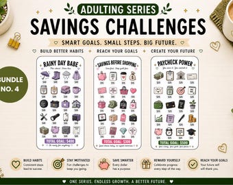 May include: An illustrated savings challenge bundle with three themed trackers: Rainy Day Babe, Savings Before Shopping, and Paycheck Power. Each tracker features icons representing savings goals, with a total goal amount displayed. The image includes text: "Adulting Series Savings Challenges."