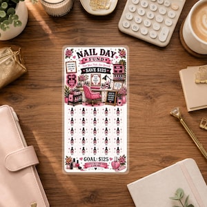 May include: A rectangular savings tracker card titled Nail Day Fund with a goal of $125. The design features pink and black illustrations of a nail salon, including a chair, desk, and polish bottles, with 25 small nail polish icons to mark savings.
