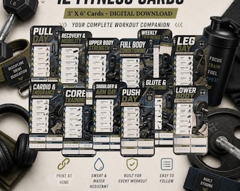 Workout Tracker Cards Bundle | 12 Printable Fitness Cards | Gym Workout Planner PDF | Strength Training Tracker 3x6 Workout Cards