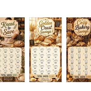 May include: Three vintage-style scratch-off cards with bakery themes. The cards feature illustrations of bread, loaves, and oven mitts. The text on the cards reads "Knead to Save", "Golden Crust Savings", and "Cozy Bakery Savings". The total savings are displayed.