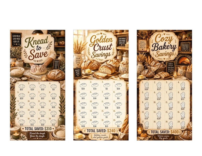 May include: Three vintage-style scratch-off cards with bakery themes. The cards feature illustrations of bread, loaves, and oven mitts. The text on the cards reads "Knead to Save", "Golden Crust Savings", and "Cozy Bakery Savings". The total savings are displayed.