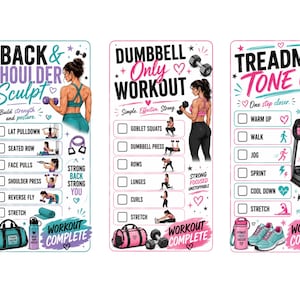 Puede incluir: Tres tarjetas verticales de seguimiento de ejercicios con ilustraciones de personas haciendo ejercicio. Las tarjetas se titulan Back & Shoulder Sculpt, Dumbbell Only Workout y Treadmill Tone Up, con casillas de verificaci&oacute;n, iconos y texto.