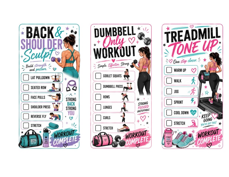 Puede incluir: Tres tarjetas verticales de seguimiento de ejercicios con ilustraciones de personas haciendo ejercicio. Las tarjetas se titulan Back & Shoulder Sculpt, Dumbbell Only Workout y Treadmill Tone Up, con casillas de verificaci&oacute;n, iconos y texto.
