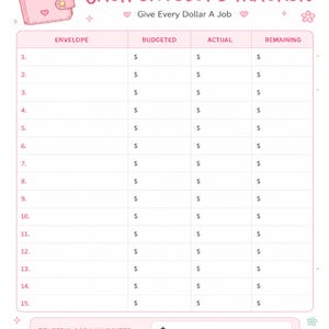 May include: A pink and white cash envelope tracker sheet featuring a cartoon wallet icon, the text CASH ENVELOPE TRACKER, and Give Every Dollar A Job. The grid includes columns for Envelope, Budgeted, Actual, and Remaining, plus a Total Cash Allocated box.