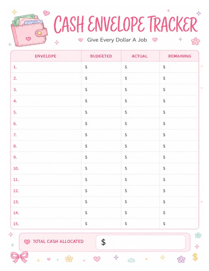May include: A pink and white cash envelope tracker sheet featuring a cartoon wallet icon, the text CASH ENVELOPE TRACKER, and Give Every Dollar A Job. The grid includes columns for Envelope, Budgeted, Actual, and Remaining, plus a Total Cash Allocated box.