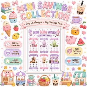 以下が含まれることがあります： 「Mini Boba Savings」と題されたデジタル貯金チャレンジシート。6種類のボバティーのイラストと、進捗を記録するための番号付き円が描かれています。カップケーキ、アイスクリーム、ショップなどのパステルカラーのアイコンが配置されています。