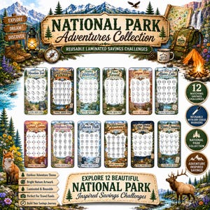 Peut inclure: Un ensemble de 12 cartes de défis d'épargne laminées et réutilisables sur le thème des aventures dans les parcs nationaux. Chaque carte présente des illustrations en plein air et des icônes pour suivre les objectifs financiers.