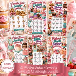 Op de afbeelding: Een 52-weken durende spaarchallenge-bundel met bakthema, bestaande uit zes kleurrijke kaarten met illustraties van koekjes, cupcakes, taarten en macarons, elk met vakjes voor het bijhouden van financiële voortgang en spaardoelen.