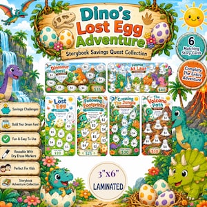 May include: Dino's Lost Egg Adventure Storybook Savings Quest Collection featuring six laminated 3 inch by 6 inch cards with dinosaur illustrations, scratch-off style egg icons, and monetary values for tracking savings goals.