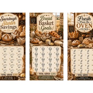 May include: Three decorative wooden signs with bread-themed savings trackers. The signs read "Sourdough Starter Savings," "Bread Basket Goals," and "Fresh From the Oven Fund." Each sign features illustrations of bread and a savings chart.