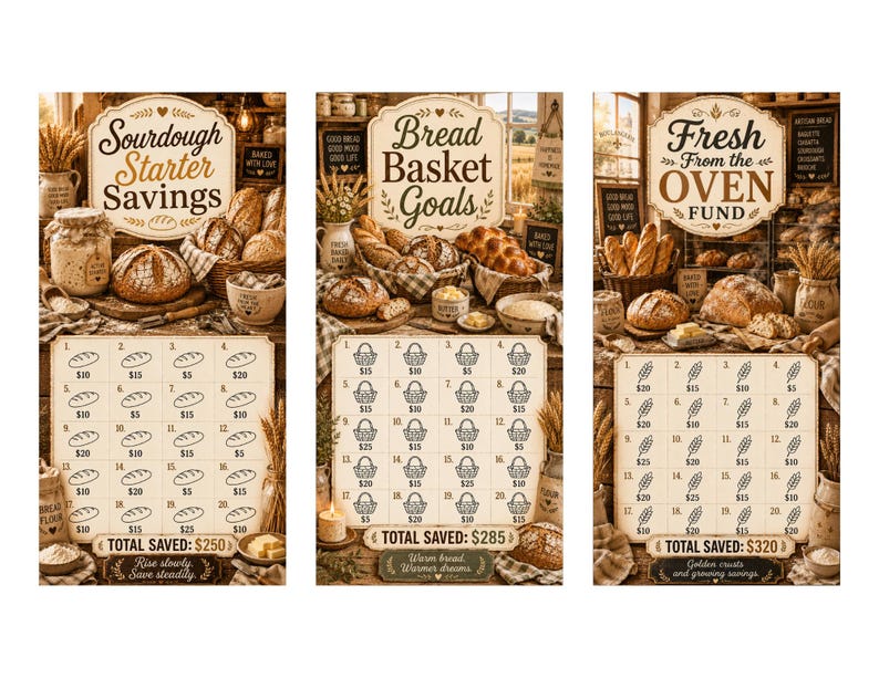 May include: Three decorative wooden signs with bread-themed savings trackers. The signs read "Sourdough Starter Savings," "Bread Basket Goals," and "Fresh From the Oven Fund." Each sign features illustrations of bread and a savings chart.