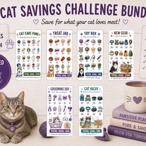 May include: Cat Savings Challenge Bundle with six unique laminated cards, each 7.6 cm x 15.2 cm, for cat care, treats, toys, new gear, grooming, and vacations. Includes a cat, a mug, a candle, and books. The text says "Save for what your cat loves most!"