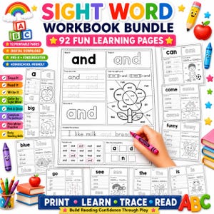 Op de afbeelding: Een werkboekbundel voor zichtwoorden met 92 printbare pagina's voor de voorschool en kleuterschool. Het educatieve materiaal bevat oefeningen voor overtrekken, lezen, schrijven en kleuren met zwart-wit werkbladen met woorden zoals and, can, come.
