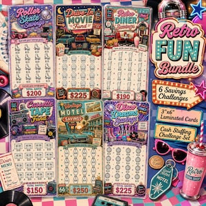 May include: A collection of retro-themed savings challenges, including Roller Skate, Drive-In Movie, and Retro Diner. Each card features a unique design with amounts to save, and the bundle includes a Retro Fun theme with laminated cards and a cash stuffing challenge set.