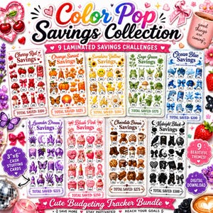 Op de afbeelding: Een Color Pop Savings Collection bundel met 9 gelamineerde spaarchallenge-kaarten in diverse thema's zoals Cherry Red, Orange Sunset, Sunshine Yellow, Sage Green, Ocean Blue, Lavender Dream, Blush Pink, Chocolate Brown en Midnight Black.