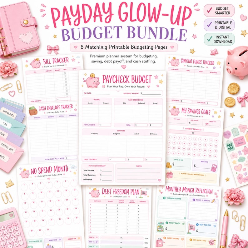 May include: A Payday Glow-Up Budget Bundle featuring eight printable budgeting pages with pink accents, including a paycheck budget, bill tracker, sinking funds tracker, savings goals, no spend month, debt freedom plan, and monthly money reflection.