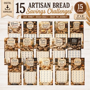 May include: A collection of 15 artisan bread savings challenge cards, each 3" x 6", with various bread-themed titles. The cards feature illustrations of bread and baking tools, with text such as "Flour Power Savings" and "Knead to Save."