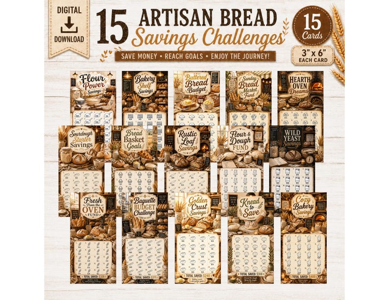 May include: A collection of 15 artisan bread savings challenge cards, each 3" x 6", with various bread-themed titles. The cards feature illustrations of bread and baking tools, with text such as "Flour Power Savings" and "Knead to Save."