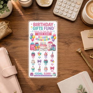 May include: A rectangular birthday gifts fund savings tracker card featuring the text BIRTHDAY GIFTS FUND, Celebrate The People You Love, SAVE $300, and GOAL: $300. The card displays colorful illustrations of balloons, gifts, and cakes.