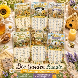 May include: A set of six laminated savings challenge cards with bee-themed designs. Each card features illustrations of honeycombs, bees, and flowers. The cards are 7.6cm x 15.2cm and designed for cash stuffing. The total savings potential is displayed on each card.