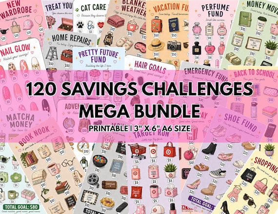 120 Savings Challenge Bundle Printable PDF | 3x6 Savings Challenge Cards | Money Saving Tracker Bundle | Budget Binder Inserts | Digital