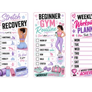 Puede incluir: Tres tarjetas rectangulares de seguimiento de fitness en colores pastel con ilustraciones. Las tarjetas se titulan Stretch & Recovery, Beginner Gym Routine y Weekly Workout Planner, con casillas de verificaci&oacute;n, iconos de ejercicios y texto.