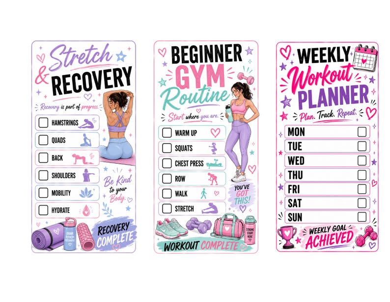 Puede incluir: Tres tarjetas rectangulares de seguimiento de fitness en colores pastel con ilustraciones. Las tarjetas se titulan Stretch & Recovery, Beginner Gym Routine y Weekly Workout Planner, con casillas de verificaci&oacute;n, iconos de ejercicios y texto.