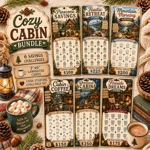 May include: A Cozy Cabin Bundle with six savings challenges, 7.6cm x 15.2cm laminated cards, and a cash stuffing challenge set. The bundle includes cards with cabin-themed illustrations and text such as "Pinecone Savings" and "Cabin Coffee Fund."