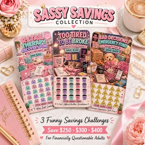 Peut inclure: Trois cartes de défi d'épargne rectangulaires avec des graphismes roses, violets et bleu sarcelle. Les cartes présentent le texte Sassy Savings Collection, Retail Therapy Recovery Fund, Too Tired To Be Broke et Bad Decisions Emergency Fund, avec des icônes à gratter pour économiser 250 $, 300 $ et 400 $.