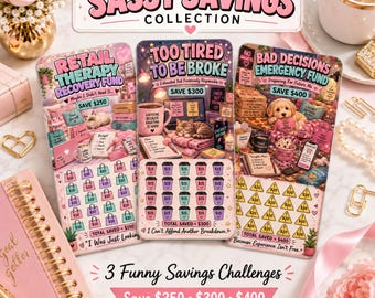Funny Savings Challenge Bundle | Laminated Cash Stuffing Challenges | Set of 3 Savings Trackers | Budget Binder Insert | Cute Pink Budgeting