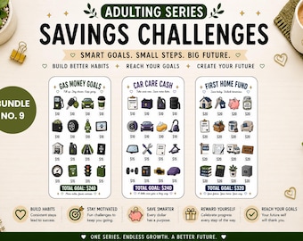 May include: A colorful savings challenges bundle with the text "Adulting Series Savings Challenges." The bundle includes three goal-oriented charts: Gas Money, Car Care, and First Home Fund, each with illustrated icons and monetary values.