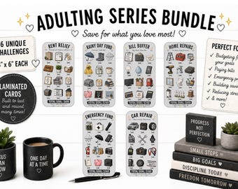 Pode incluir: Pacote Adulting Series com seis cartões de desafio laminados, cada um 7.6 cm x 15.2 cm, para orçamentos e fundos de emergência. Inclui uma caneca preta, uma pequena planta e uma pilha de livros com títulos motivacionais.