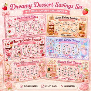 May include: A set of six laminated dessert-themed savings challenges. Each card features a different design, including strawberry milk, sweet bakery, cherry sundae, cotton candy, pink macaron, and dessert cart themes. Each card is 6 inches by 3 inches.