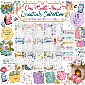May include: A collection of fifteen reusable laminated savings challenge cards titled One Month Ahead Essentials Collection, featuring various colourful illustrations of houses, cars, and household items, alongside a piggy bank and budget planner.